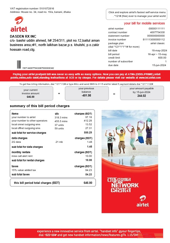 India Airtel telecommunication services business utility bill template in Word and PDF formats